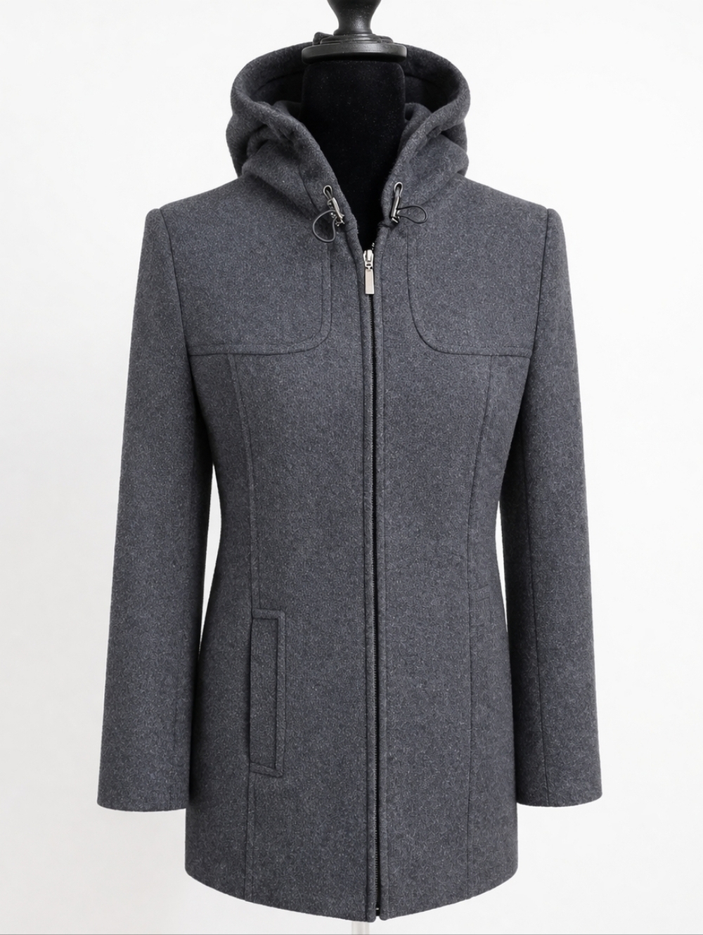 Vintage Preston & York Wool Hooded Zip Coat Small Charcoal Gray Padded Shoulders